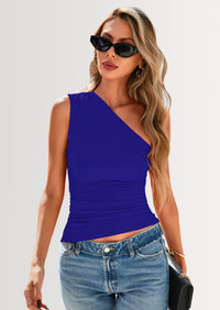 PRETTYGARDEN Womens Summer Y2K Tops Sleeveless One Shoulder Slim Fit Shirts Ruched Knit Asymmetrical Top Blouse