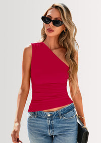 PRETTYGARDEN Womens Summer Y2K Tops Sleeveless One Shoulder Slim Fit Shirts Ruched Knit Asymmetrical Top Blouse