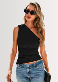 PRETTYGARDEN Womens Summer Y2K Tops Sleeveless One Shoulder Slim Fit Shirts Ruched Knit Asymmetrical Top Blouse