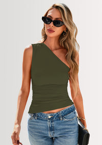 PRETTYGARDEN Womens Summer Y2K Tops Sleeveless One Shoulder Slim Fit Shirts Ruched Knit Asymmetrical Top Blouse