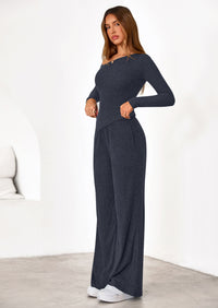 PRETTYGARDEN Casual Two Piece Sets for Women Fall Outfits Asymmetrical Off Shoulder Tops Wide Leg Pants Knit Lounge Set