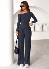 PRETTYGARDEN Casual Two Piece Sets for Women Fall Outfits Asymmetrical Off Shoulder Tops Wide Leg Pants Knit Lounge Set