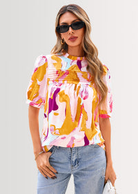 PRETTYGARDEN Floral Tops for Women Blouses Dressy Casual Summer Trendy Outfits Boho Pleated Short Sleeve Shirts