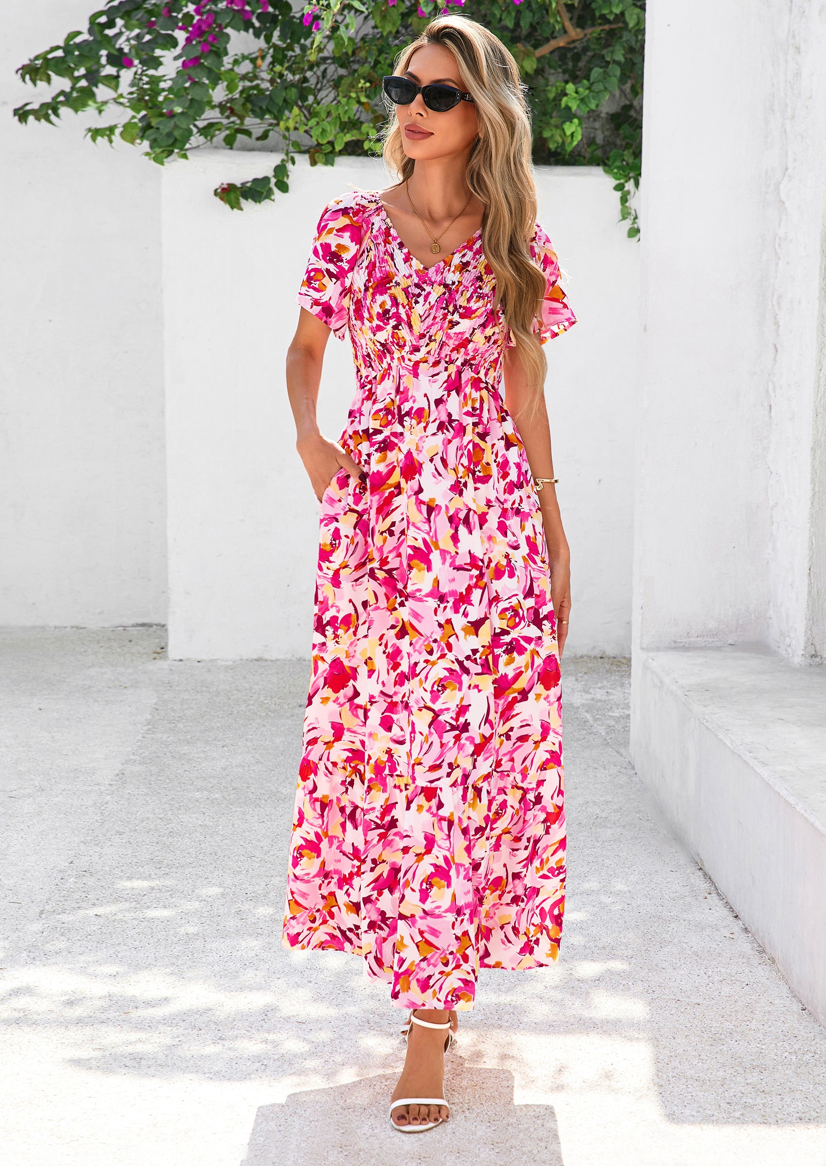 PRETTYGARDEN Women Floral Boho Maxi Dresses Short Sleeve V Neck Smocked A Line Long Flowy Beach Vacation Dress