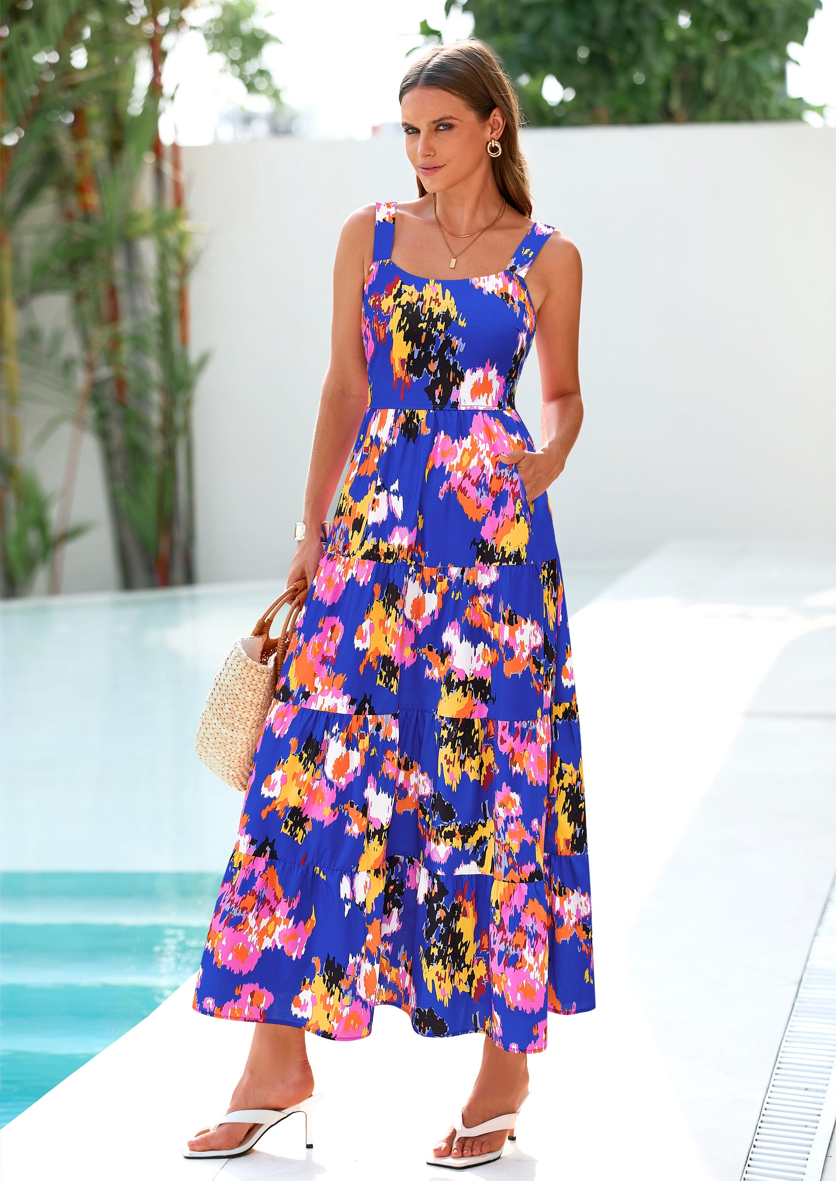 PRETTYGARDEN Women's Summer Floral Maxi Dress Sleeveless Smocked Ruffle Long Flowy Beach Vacation Boho Sundresses