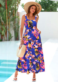 PRETTYGARDEN Women's Summer Floral Maxi Dress Sleeveless Smocked Ruffle Long Flowy Beach Vacation Boho Sundresses