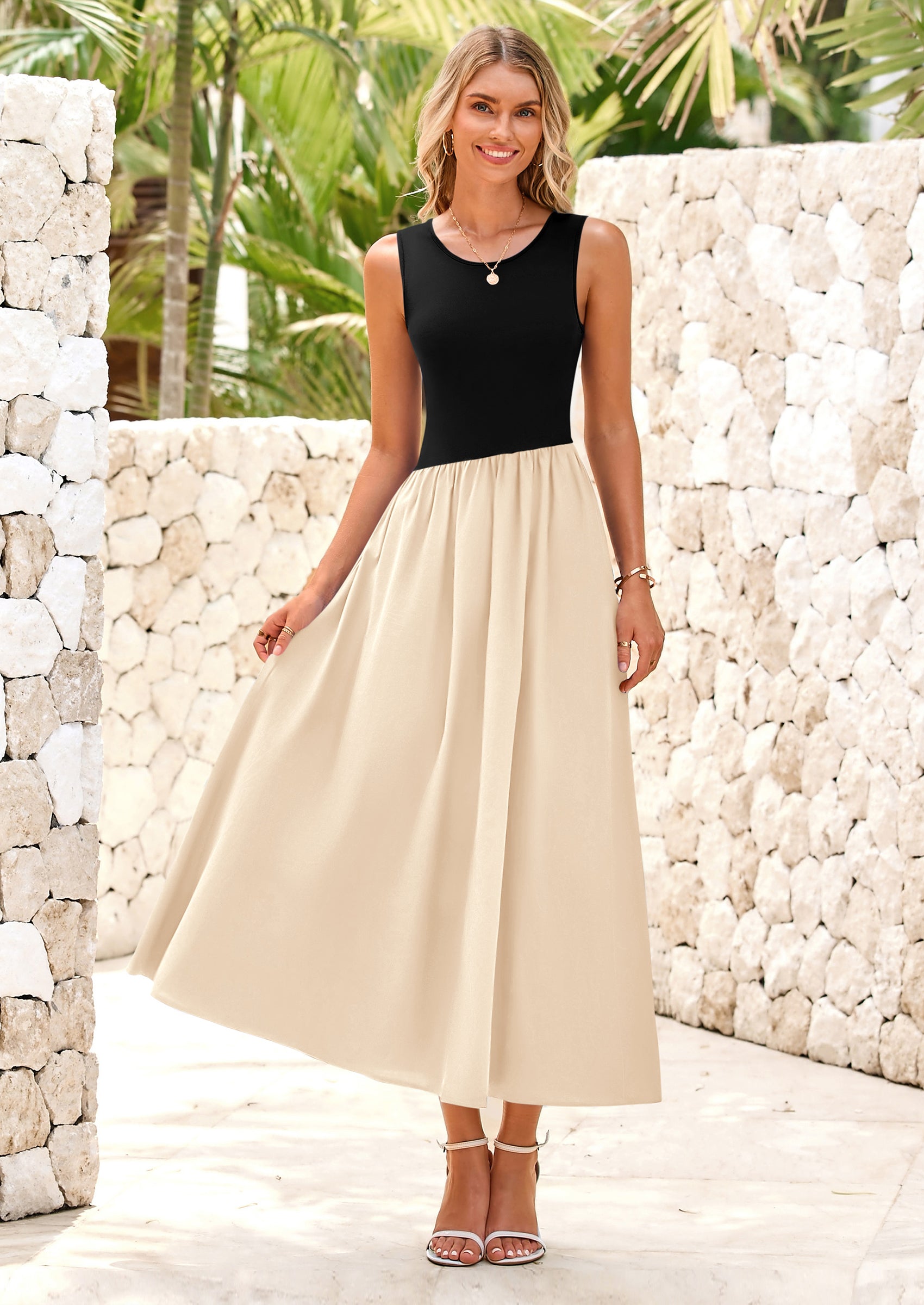 PRETTYGARDEN Women's Maxi Sundress Casual Summer Sleeveless Asymmetrical Drop Waist Patchwork Long Flowy Tank Dresses