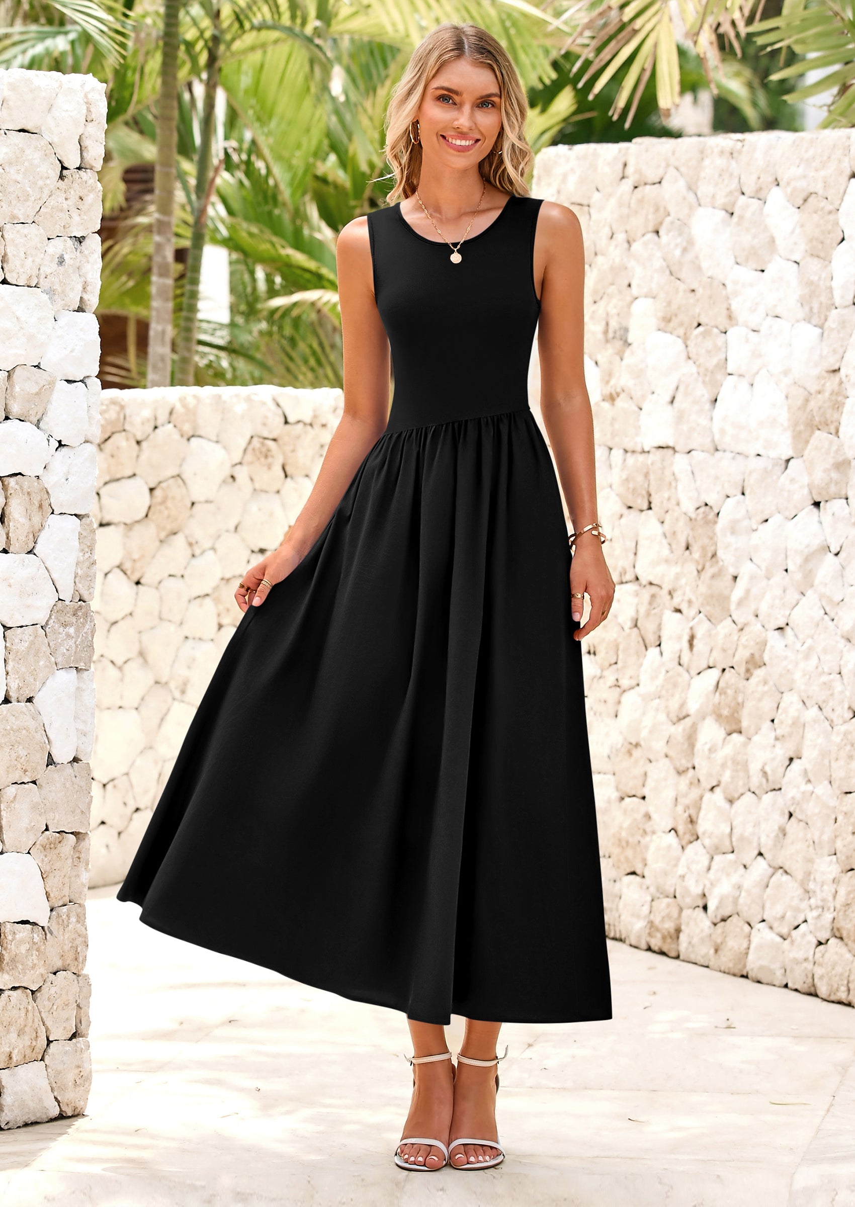 PRETTYGARDEN Women's Maxi Sundress Casual Summer Sleeveless Asymmetrical Drop Waist Patchwork Long Flowy Tank Dresses