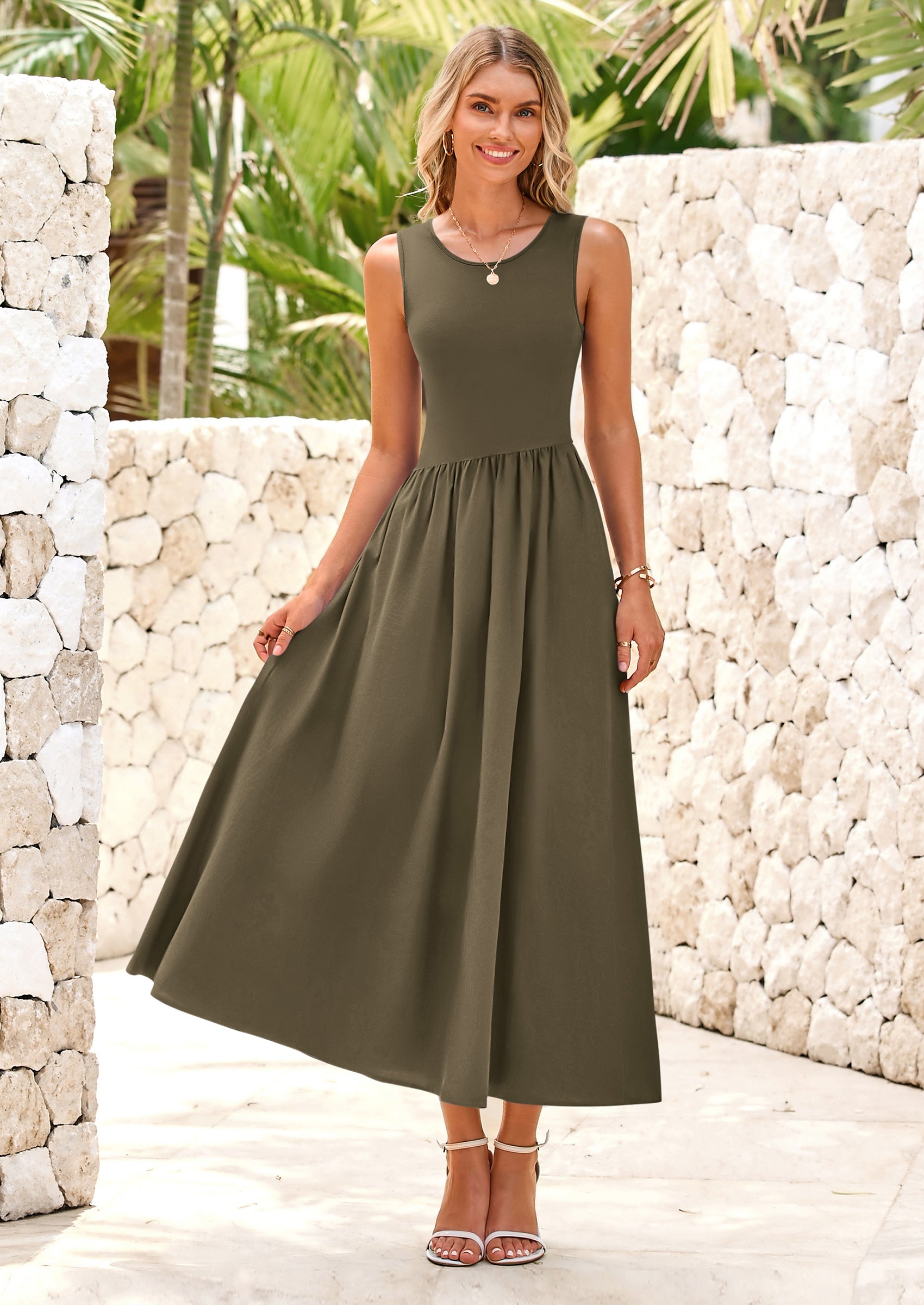 PRETTYGARDEN Women's Maxi Sundress Casual Summer Sleeveless Asymmetrical Drop Waist Patchwork Long Flowy Tank Dresses