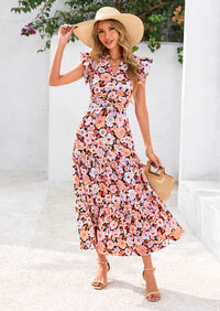 PRETTYGARDEN Women's Summer Floral Midi Dress Cap Sleeve V Neck Ruffle Long Flowy Boho Casual Beach Vacation Dresses