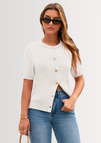 PRETTYGARDEN Womens Casual Summer Short Sleeve Cardigans Button Down Knitted Sweater Basic Crew Neck Crop Tops