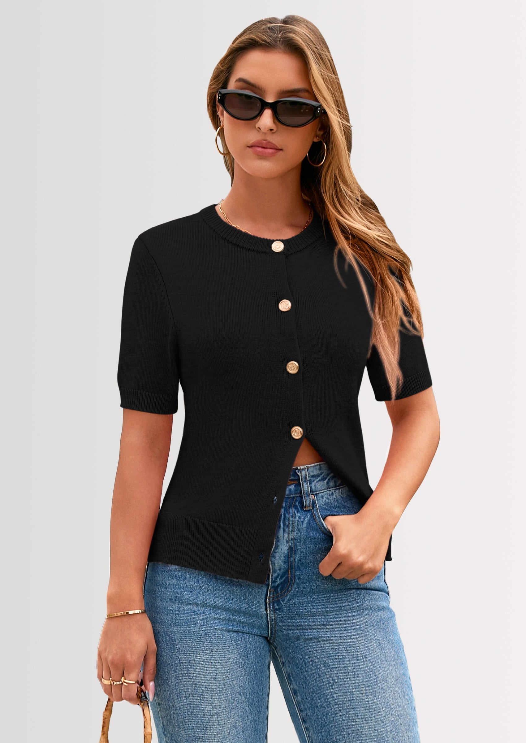 PRETTYGARDEN Womens Casual Summer Short Sleeve Cardigans Button Down Knitted Sweater Basic Crew Neck Crop Tops