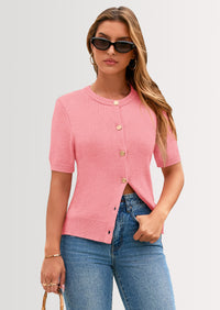 PRETTYGARDEN Womens Casual Summer Short Sleeve Cardigans Button Down Knitted Sweater Basic Crew Neck Crop Tops