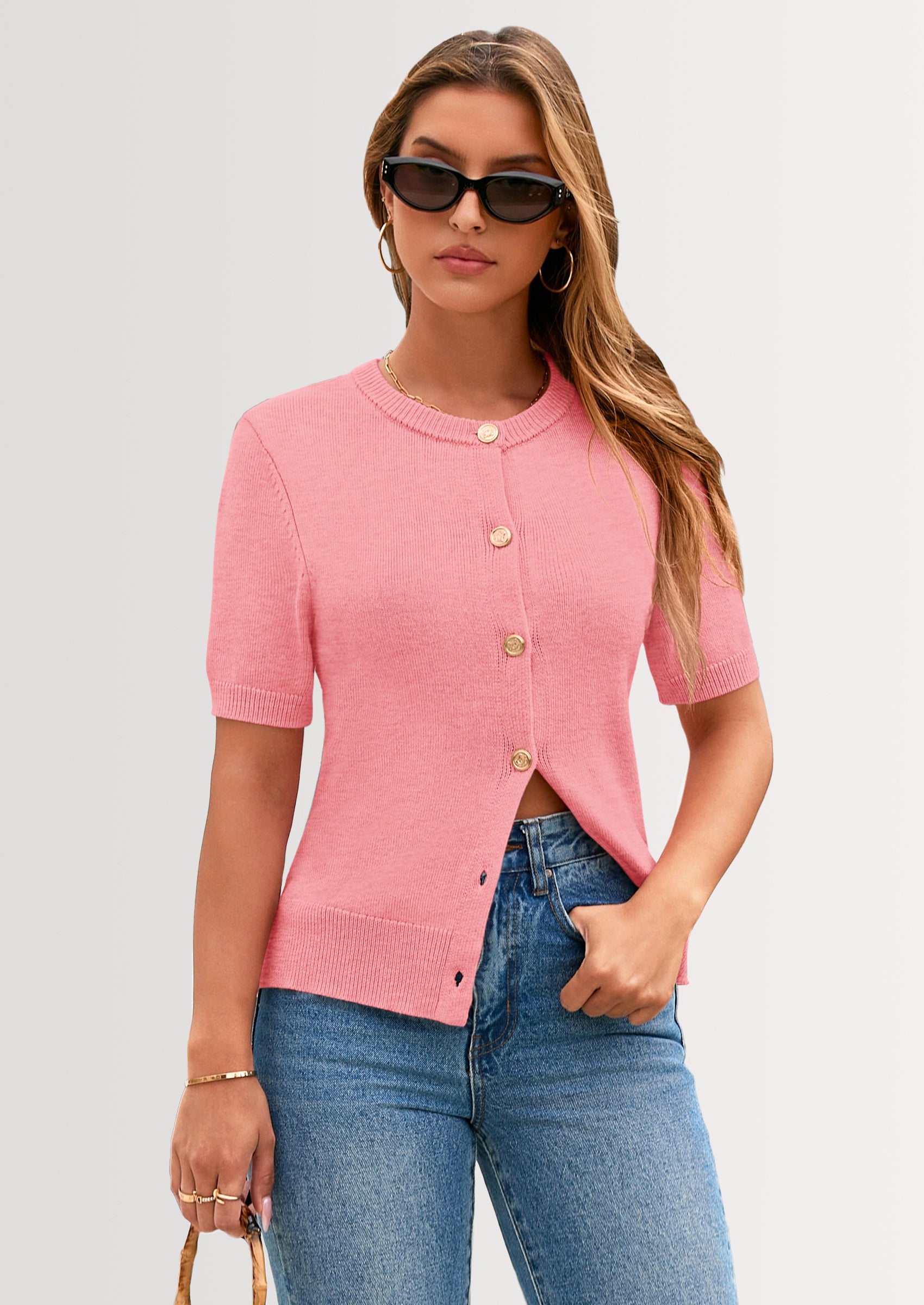 PRETTYGARDEN Womens Casual Summer Short Sleeve Cardigans Button Down Knitted Sweater Basic Crew Neck Crop Tops