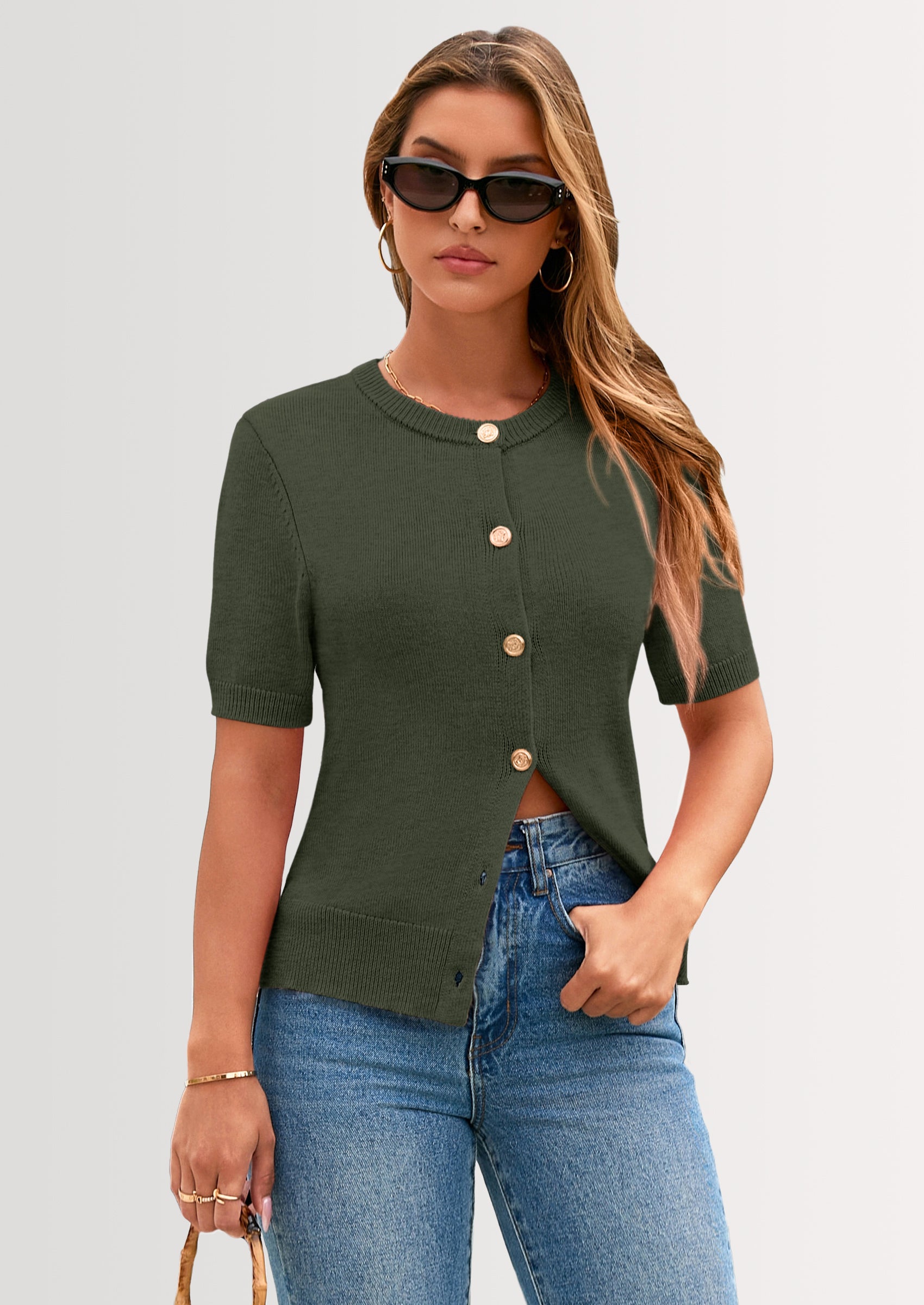 PRETTYGARDEN Womens Casual Summer Short Sleeve Cardigans Button Down Knitted Sweater Basic Crew Neck Crop Tops