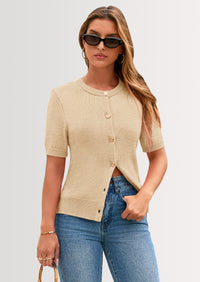 PRETTYGARDEN Womens Casual Summer Short Sleeve Cardigans Button Down Knitted Sweater Basic Crew Neck Crop Tops