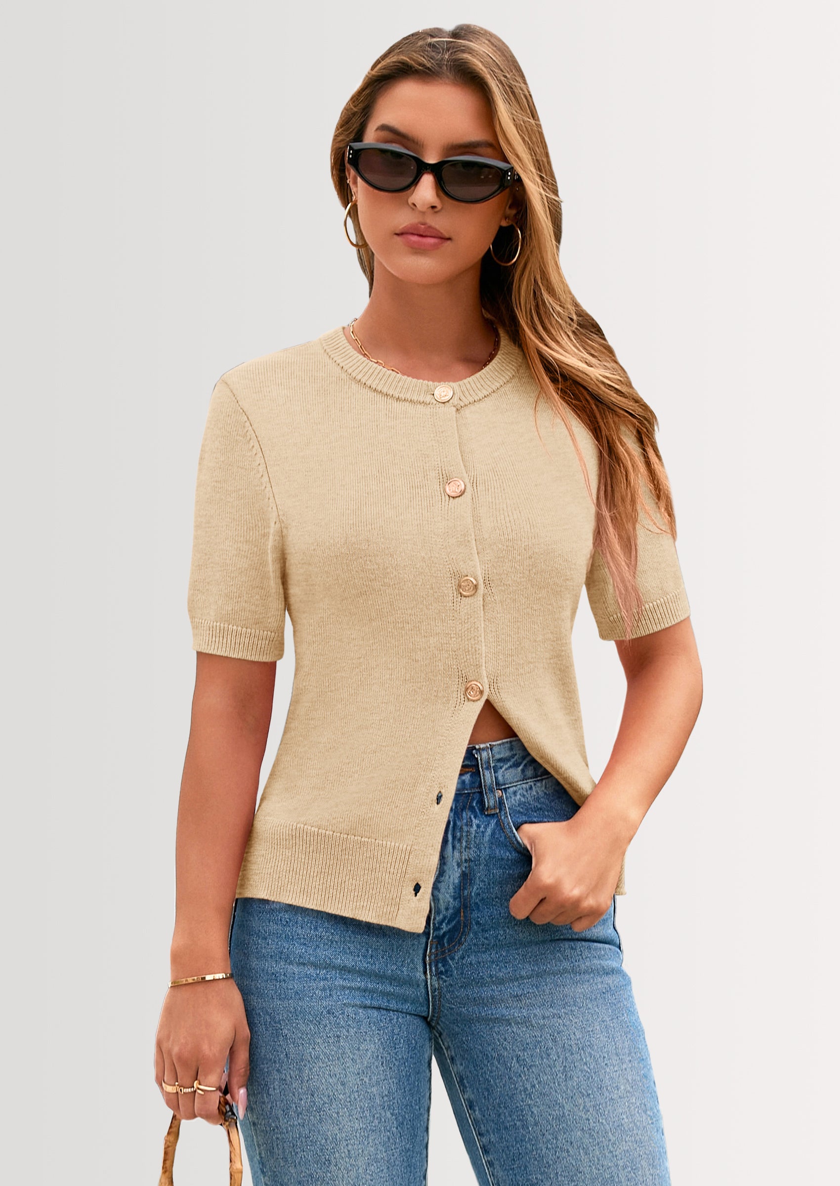 PRETTYGARDEN Womens Casual Summer Short Sleeve Cardigans Button Down Knitted Sweater Basic Crew Neck Crop Tops