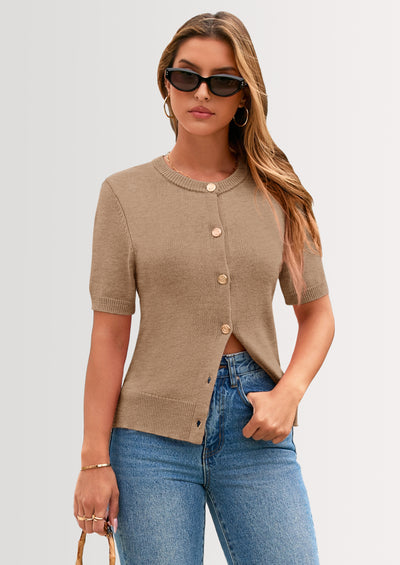 PRETTYGARDEN Womens Casual Summer Short Sleeve Cardigans Button Down Knitted Sweater Basic Crew Neck Crop Tops