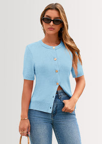 PRETTYGARDEN Womens Casual Summer Short Sleeve Cardigans Button Down Knitted Sweater Basic Crew Neck Crop Tops