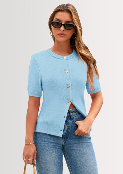 PRETTYGARDEN Womens Casual Summer Short Sleeve Cardigans Button Down Knitted Sweater Basic Crew Neck Crop Tops