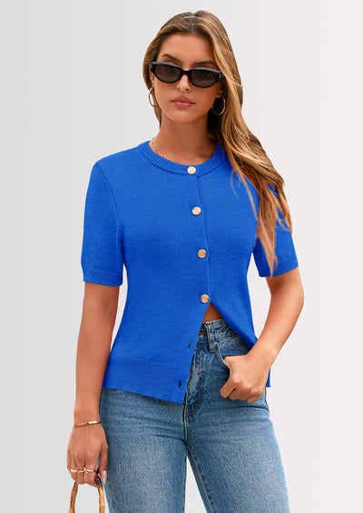 PRETTYGARDEN Womens Casual Summer Short Sleeve Cardigans Button Down Knitted Sweater Basic Crew Neck Crop Tops