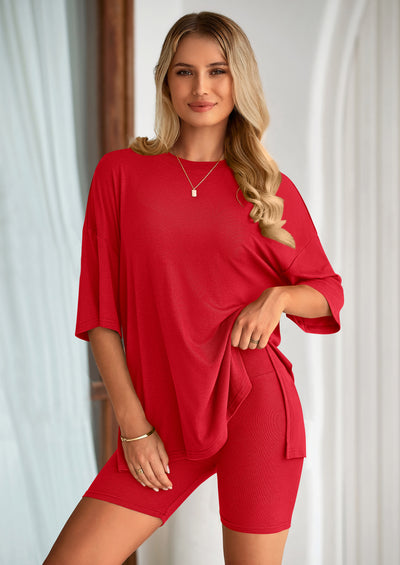 PRETTYGARDEN Women's Two Piece Lounge Set Summer Casual Oversized Shirts Biker Shorts Matching Airport Travel Outfit