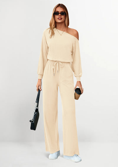 PRETTYGARDEN Long Sleeve Jumpsuit For Women Dressy Off Shoulder One Piece Loose Wide Leg Jumpsuits Casual Flowy Romper