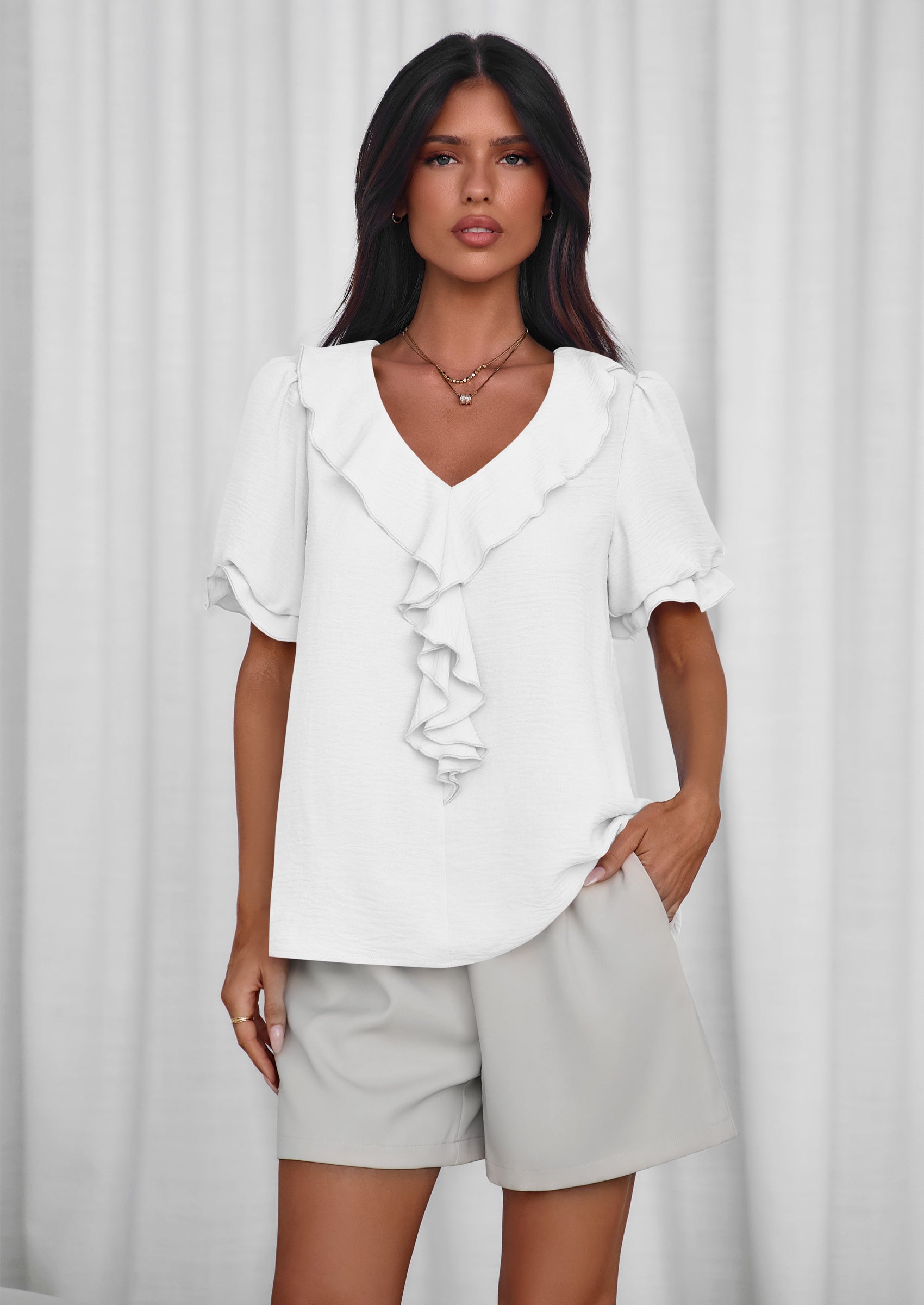 PRETTYGARDEN Women's Summer Dressy Casual Blouses Short Sleeve V Neck Ruffle Going Out Tops Shirt Trendy Spring Outfits PRETTYGARDEN