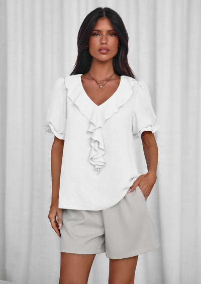 PRETTYGARDEN Women's Summer Dressy Casual Blouses Short Sleeve V Neck Ruffle Going Out Tops Shirt Trendy Spring Outfits PRETTYGARDEN