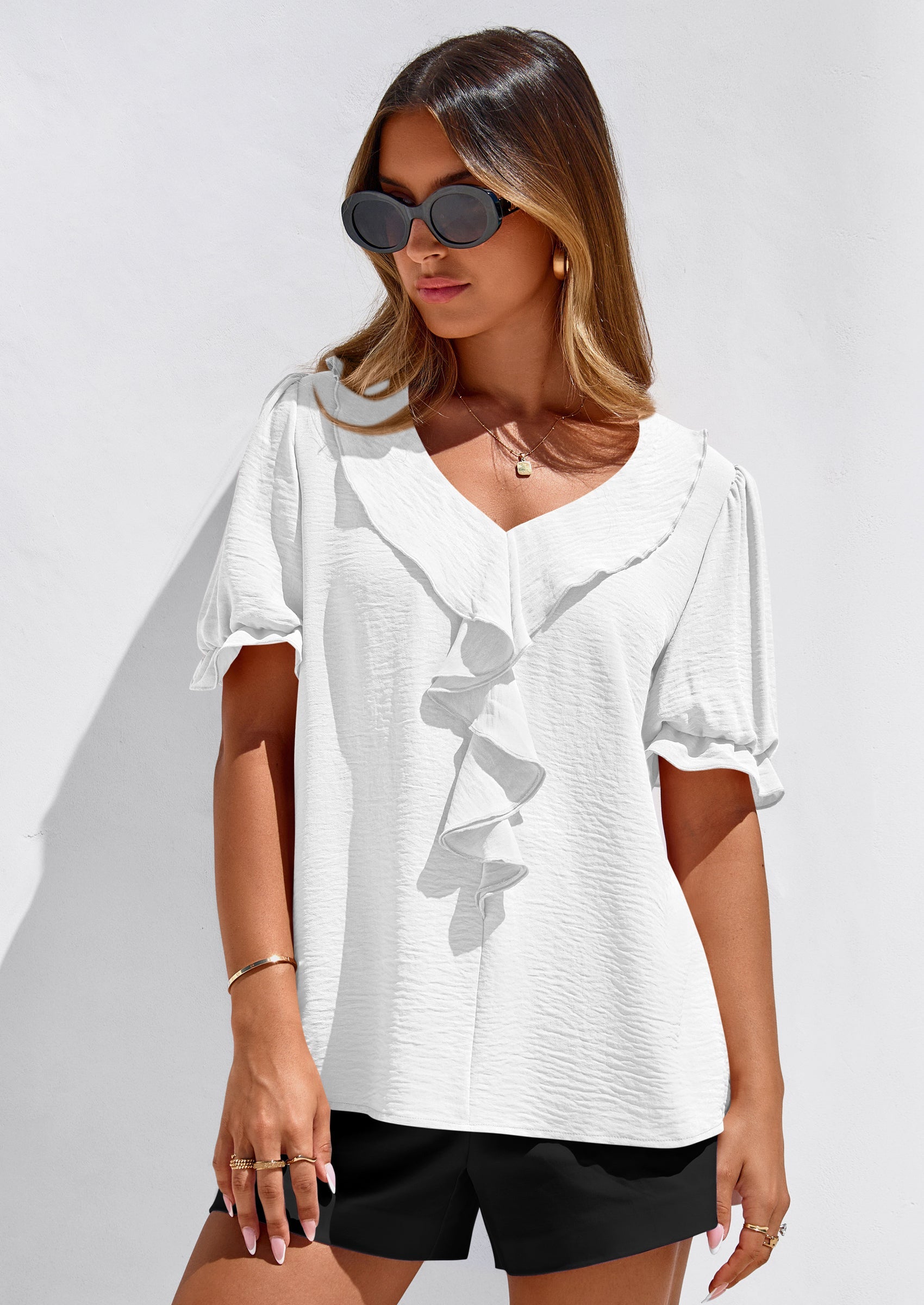 PRETTYGARDEN Women's Summer Dressy Casual Blouses Short Sleeve V Neck Ruffle Going Out Tops Shirt Trendy Spring Outfits PRETTYGARDEN