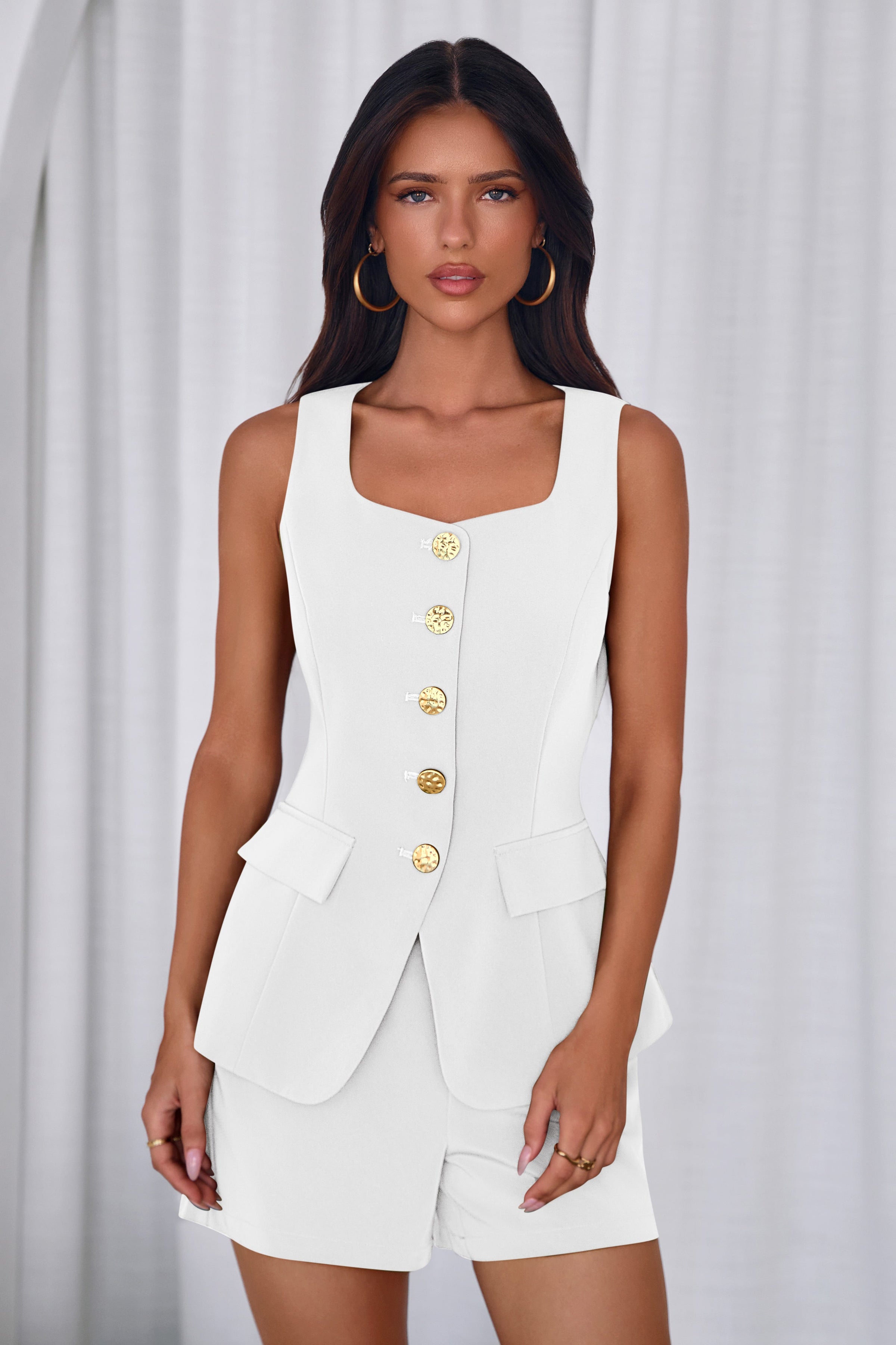 PRETTYGARDEN Womens 2 Piece Matching Sets Fashion Button Down Suit Vest Tops Shorts Set Spring Business Casual Outfits PRETTYGARDEN