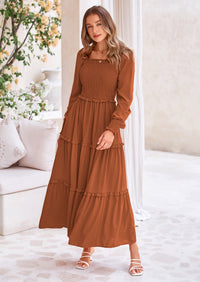 PRETTYGARDEN Fall Wedding Guest Dresses for Women Long Sleeve Square Neck Tiered A Line Modest Elegant Flowy Dresses