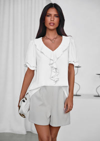 PRETTYGARDEN Women's Summer Dressy Casual Blouses Short Sleeve V Neck Ruffle Going Out Tops Shirt Trendy Spring Outfits PRETTYGARDEN