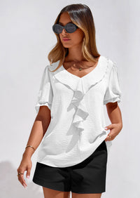 PRETTYGARDEN Women's Summer Dressy Casual Blouses Short Sleeve V Neck Ruffle Going Out Tops Shirt Trendy Spring Outfits PRETTYGARDEN