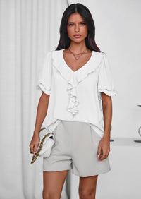 PRETTYGARDEN Women's Summer Dressy Casual Blouses Short Sleeve V Neck Ruffle Going Out Tops Shirt Trendy Spring Outfits PRETTYGARDEN