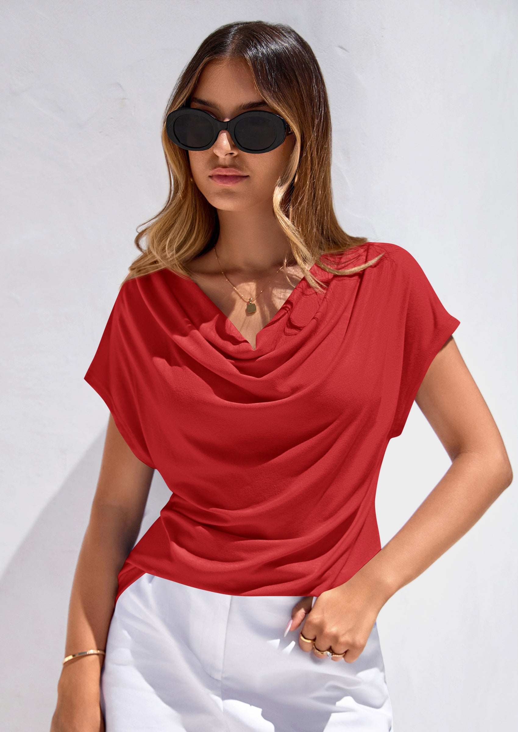 PRETTYGARDEN Blouses for Women Dressy Casual Summer Cowl Neck Short Sleeve Tops Spring Work Office Teacher Shirts PRETTYGARDEN