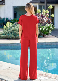 PRETTYGARDEN Women's Summer 2 Piece Matching Lounge Sets Short Sleeve Shirts Tops Wide Leg Pants Travel Airport Outfits