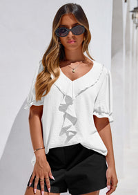 PRETTYGARDEN Women's Summer Dressy Casual Blouses Short Sleeve V Neck Ruffle Going Out Tops Shirt Trendy Spring Outfits PRETTYGARDEN