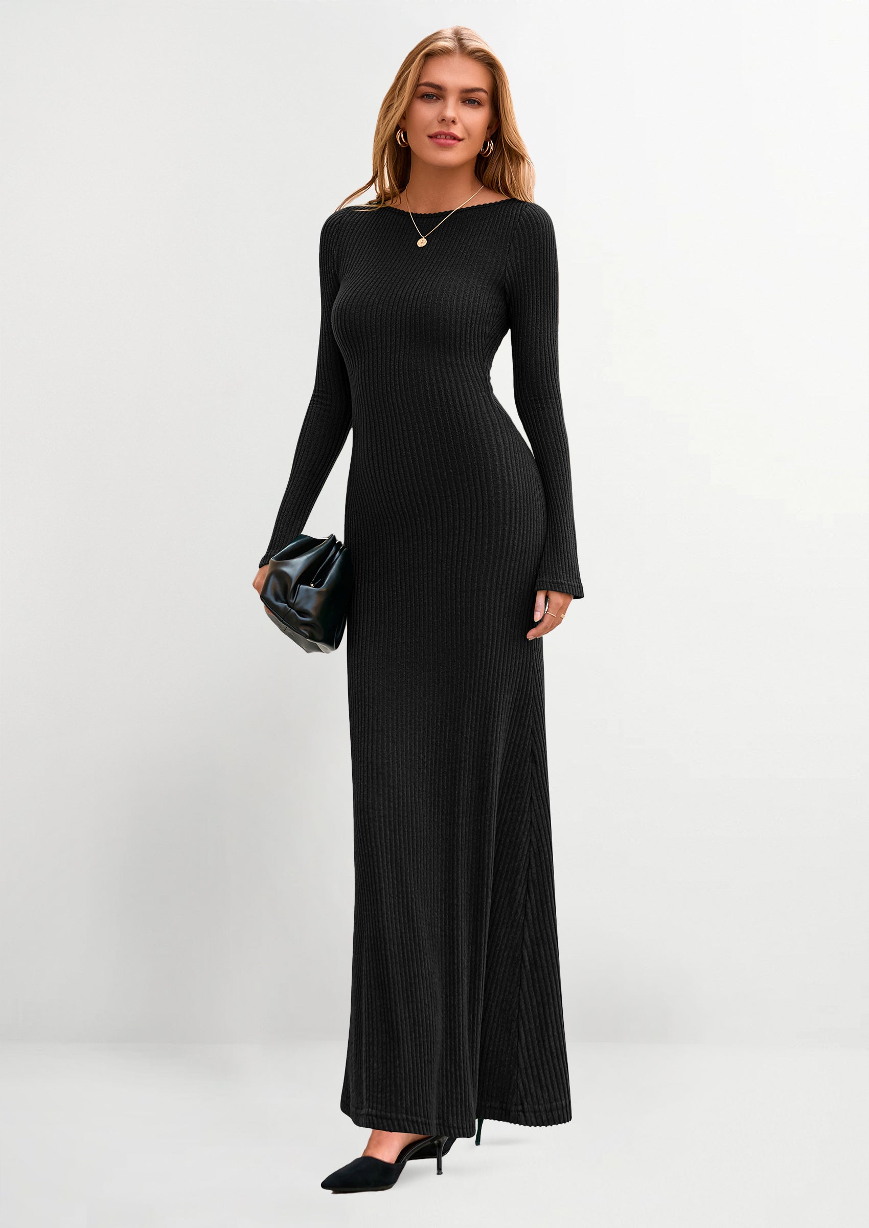 PRETTYGARDEN Women's Fall Fashion Long Sleeve Maxi Dress Ribbed Knit Boat Neck Bodycon Casual Dresses Going Out Outfits