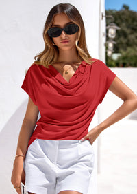 PRETTYGARDEN Blouses for Women Dressy Casual Summer Cowl Neck Short Sleeve Tops Spring Work Office Teacher Shirts PRETTYGARDEN