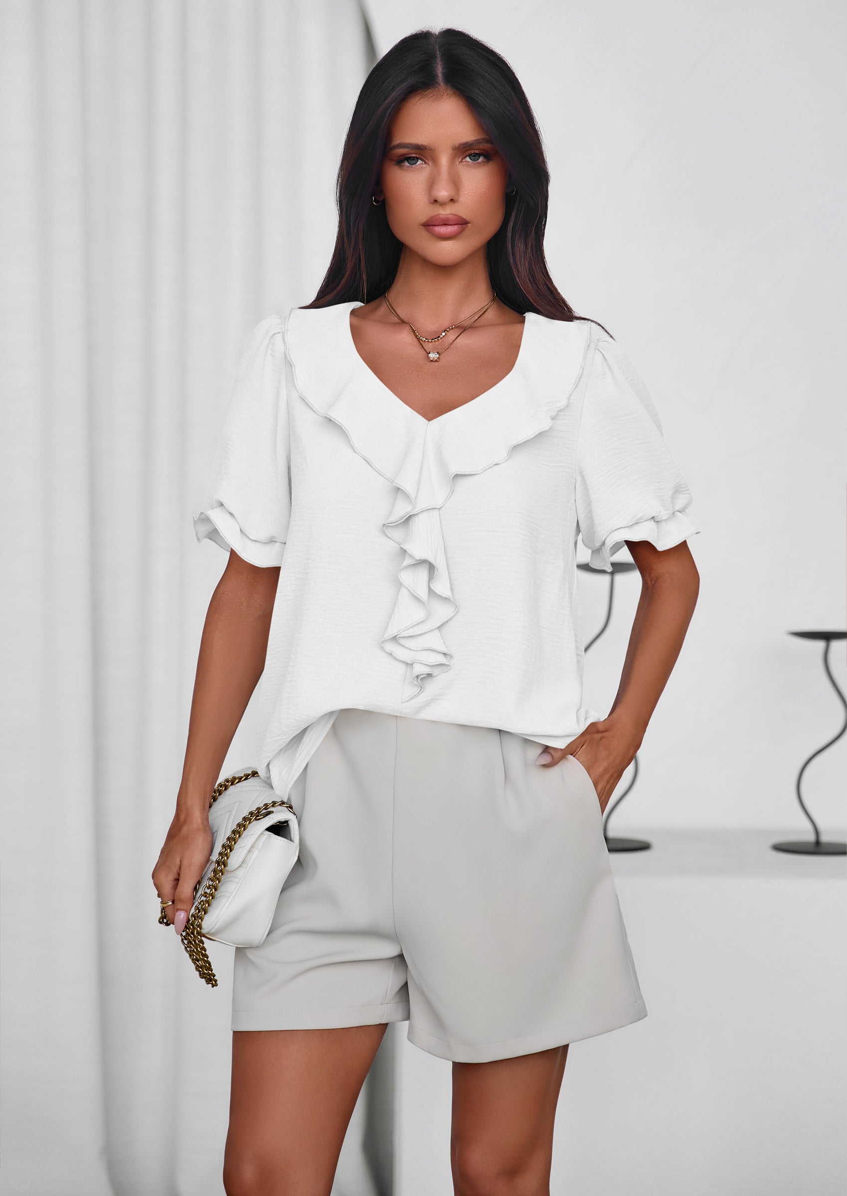 PRETTYGARDEN Women's Summer Dressy Casual Blouses Short Sleeve V Neck Ruffle Going Out Tops Shirt Trendy Spring Outfits PRETTYGARDEN