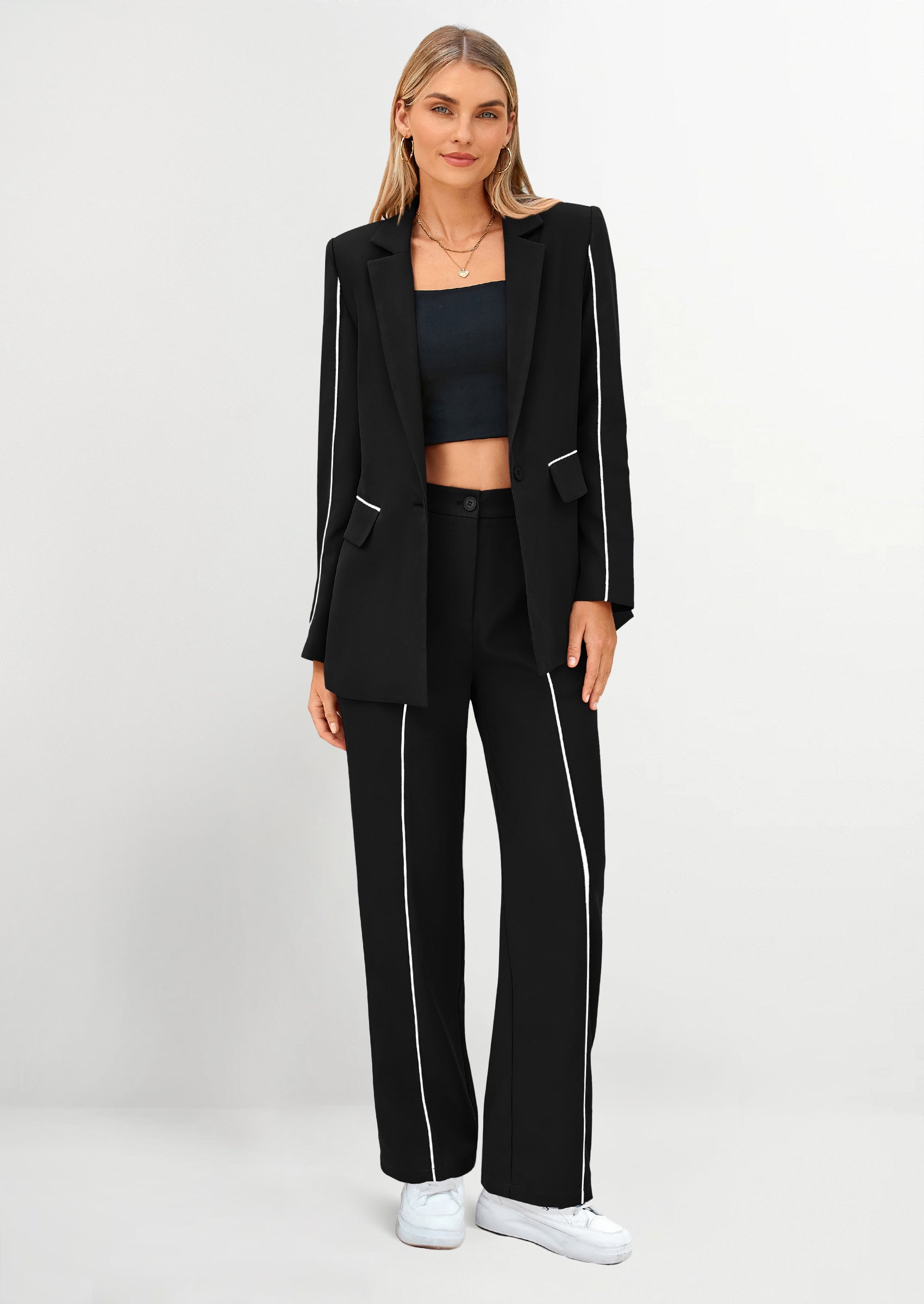 PRETTYGARDEN 2 Piece Blazer Outfits Business Casual Oversized Jacket Wide Leg Work Pants Dressy Suit Set