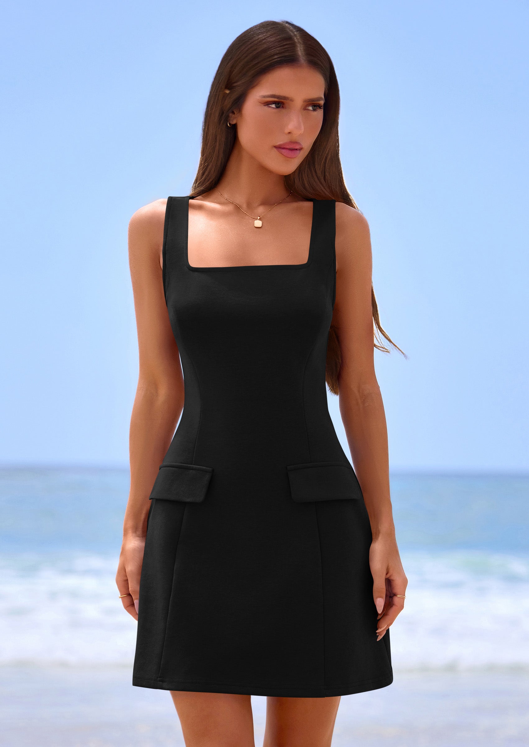 PRETTYGARDEN Womens Summer Sleeveless Mini Dress Square Neck A Line Sh