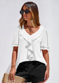 PRETTYGARDEN Women's Summer Dressy Casual Blouses Short Sleeve V Neck Ruffle Going Out Tops Shirt Trendy Spring Outfits PRETTYGARDEN