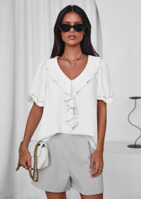 PRETTYGARDEN Women's Summer Dressy Casual Blouses Short Sleeve V Neck Ruffle Going Out Tops Shirt Trendy Spring Outfits PRETTYGARDEN