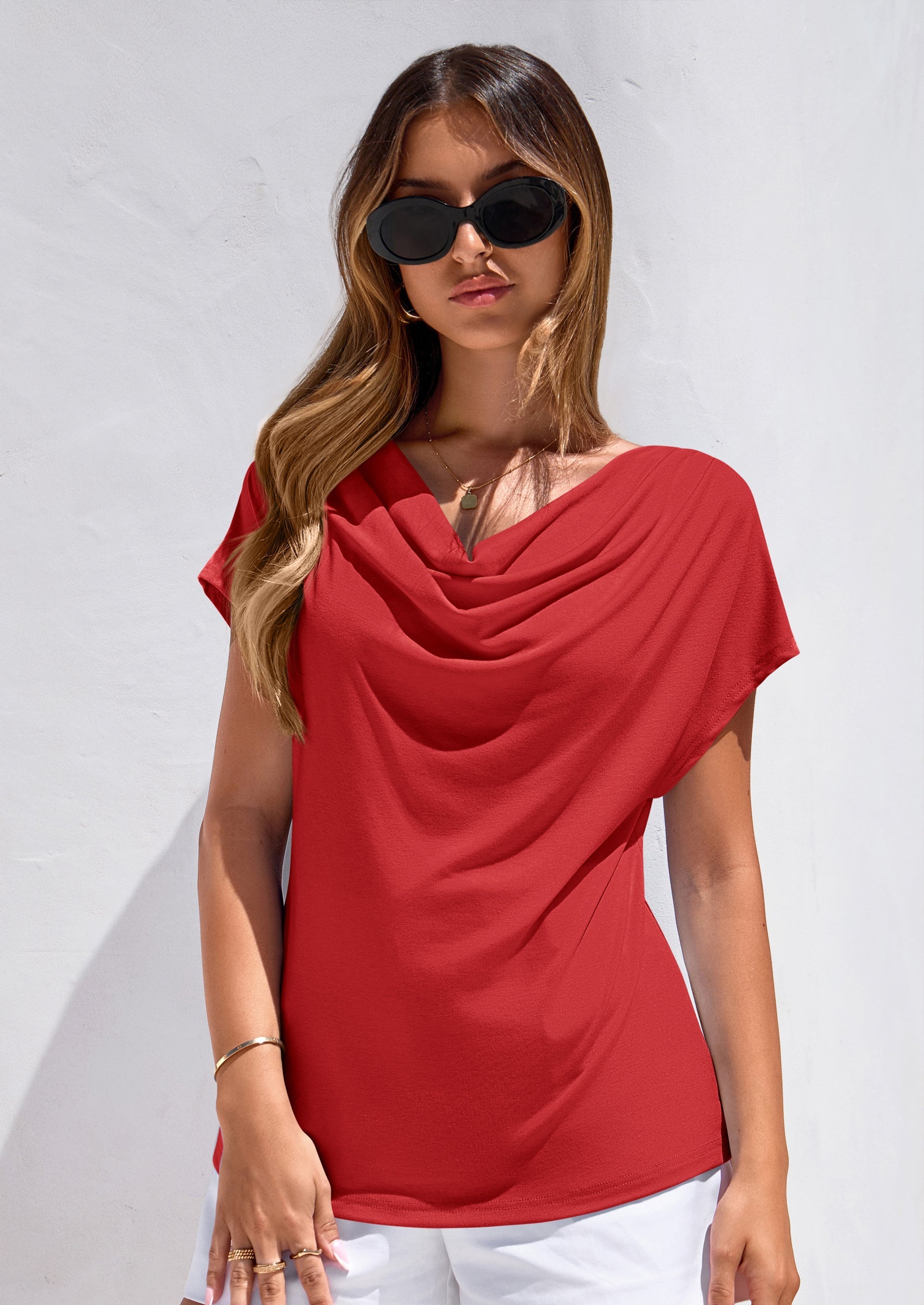 PRETTYGARDEN Blouses for Women Dressy Casual Summer Cowl Neck Short Sleeve Tops Spring Work Office Teacher Shirts PRETTYGARDEN
