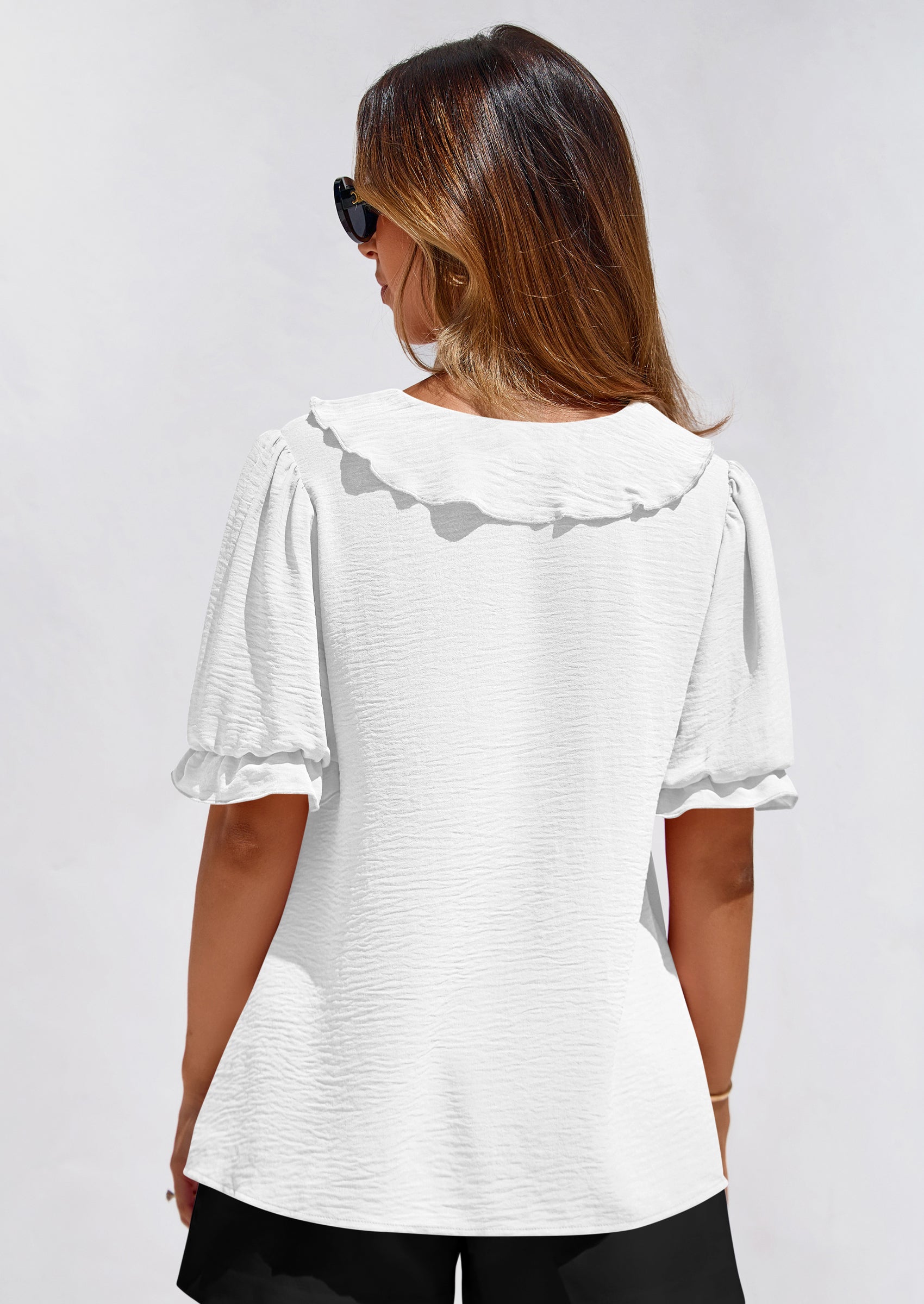 PRETTYGARDEN Women's Summer Dressy Casual Blouses Short Sleeve V Neck Ruffle Going Out Tops Shirt Trendy Spring Outfits PRETTYGARDEN