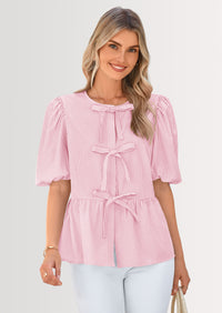 PRETTYGARDEN Women's Tie Front Striped Shirt Summer Trendy Fashion Cute Babydoll Tops Peplum Puffy Sleeve Blouse