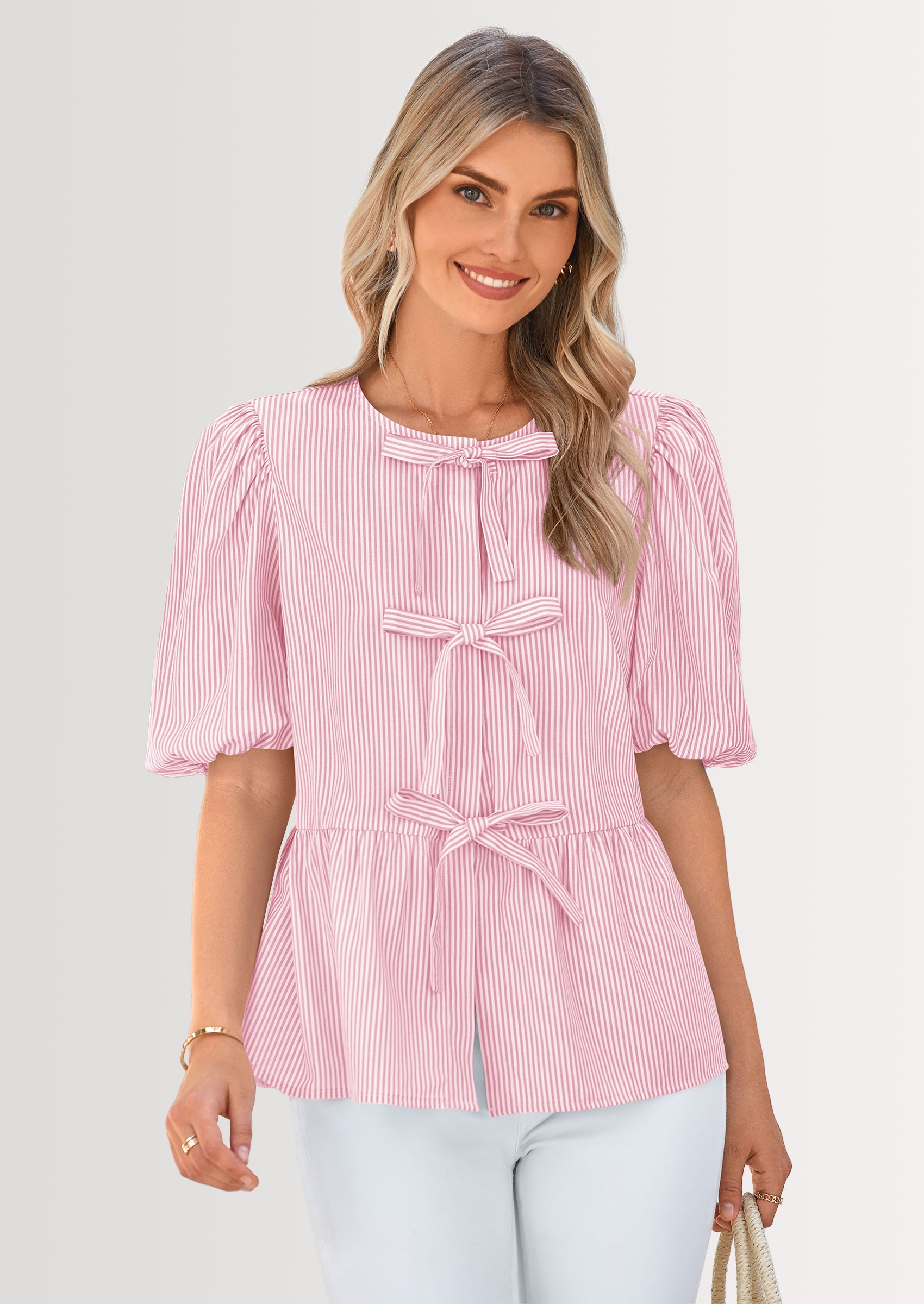 PRETTYGARDEN Women's Tie Front Striped Shirt Summer Trendy Fashion Cute Babydoll Tops Peplum Puffy Sleeve Blouse