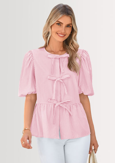 PRETTYGARDEN Women's Tie Front Striped Shirt Summer Trendy Fashion Cute Babydoll Tops Peplum Puffy Sleeve Blouse